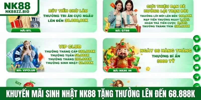 Khuyến mãi sinh nhật NK88 tặng thưởng lên đến 68.888K