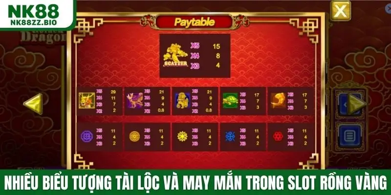Nhiều biểu tượng tài lộc và may mắn trong slot Rồng Vàng